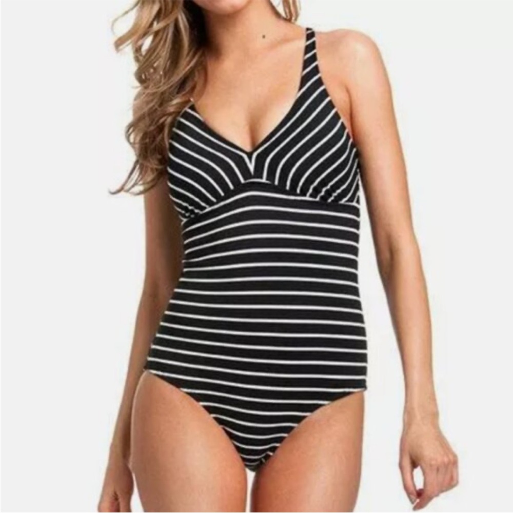 CATALINA Swimsuit Size L 12/14 One Piece Black & White Stripe Ribbed Adjustable